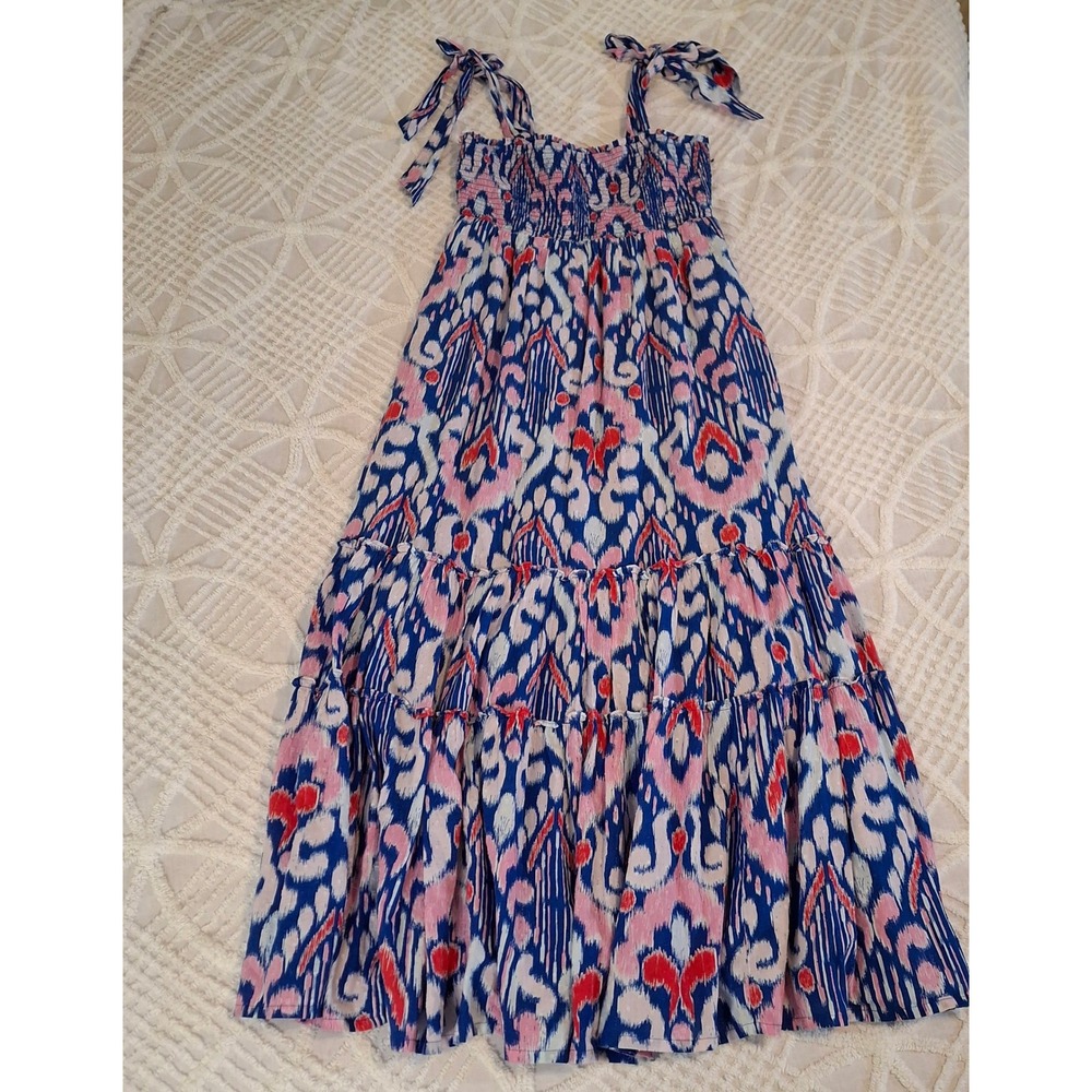 Crown & Ivy Women's Large Blue Ikat Smocked Maxi Dress Tiered Tie Straps NWT
